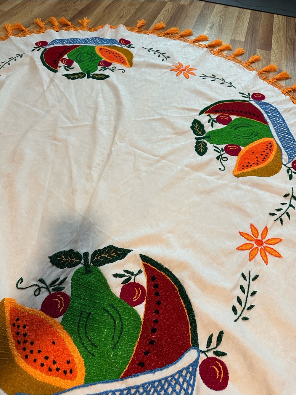 Embroidered Fruit Round Tablecloth in White and Orange 49” Diameter